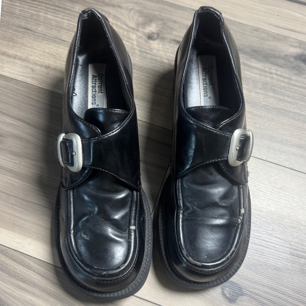 Vintage Current Attractions Black Chunky Buckle Loafers Square Toe 90s Size 10 - Picture 2 of 7